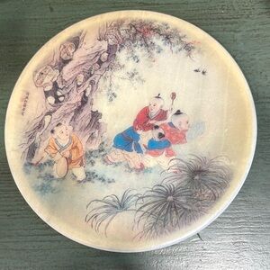 Vintage Marble Chinese Round Plate with Children Illustration
